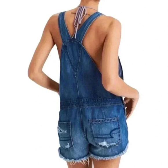 American Eagle AE Shortalls Ripped Distressed Bib Overalls Jeans Blue Size Small - Picture 2 of 11